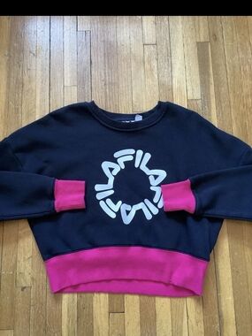 Luxe FILA Ladies Large Black / Pink Crew-Neck Fleece Sweater,Logo Print,MINT